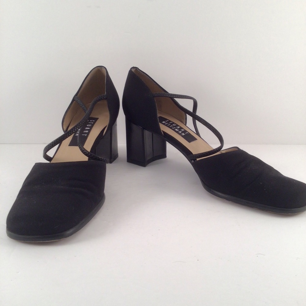 Stuart Weitzman Women’s Suede Cross Strap Pumps Black 2 1/2” Block Heels